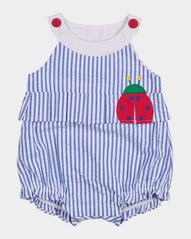 Girl's Ladybug Cotton Stripe Seersucker Romper, Size 6M-24